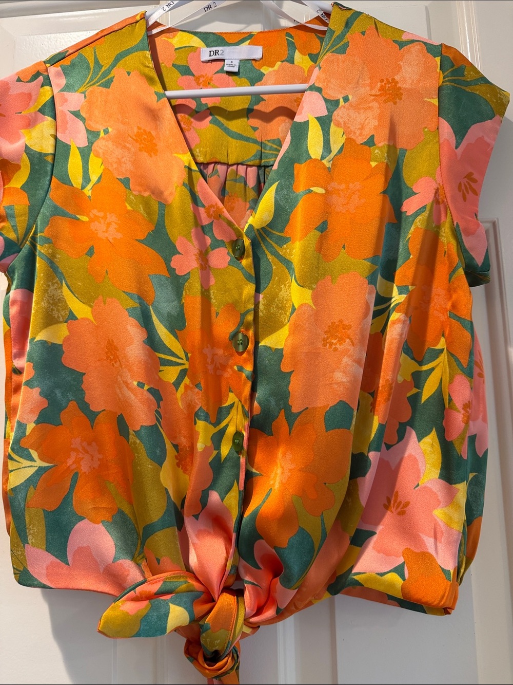 DR2 Bright Orange Floral Tie-Front V-Neck Blouse with Green and Pink Accents